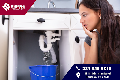 A worried woman looking at a plumbing pipe leaking beneath a sink.